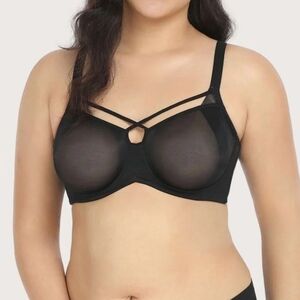 HSIA Billie Cross Front Strap Black Smooth Sheer Mesh Underwire Bra 36DDD NWT